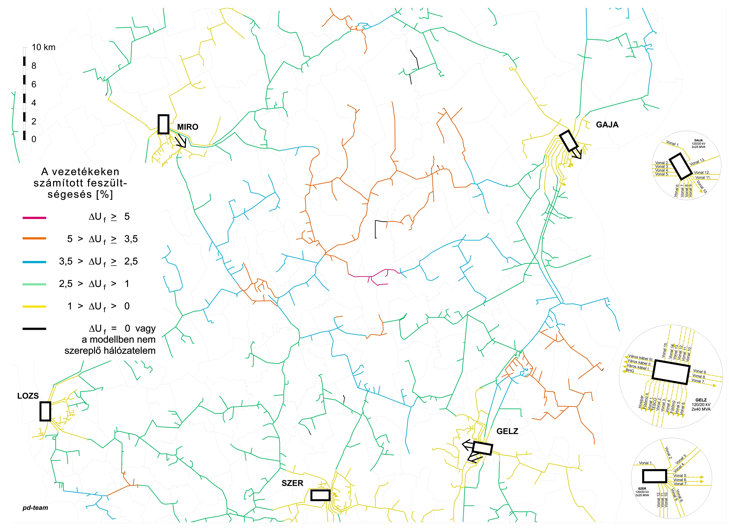 A vezetékeken kialakuló feszültségeséseket bemutató térkép